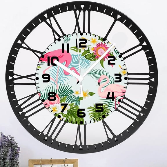 Iron Pink Flamingo- Wall Clock Tropical Flowers Palm- Leaves Pineapple Battery Powered Wall Clock Silent Non Ticking 10 Inch for Living Room, Kitchen, Home,Bathroom, Bedroom Style 1010inc