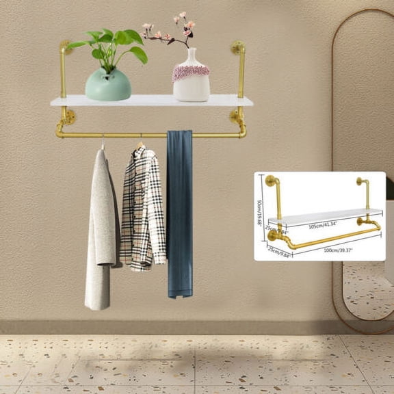 Iron Pipes Clothes Rail Organizer Wall Mounted Garment Rack Towel Rack Golden