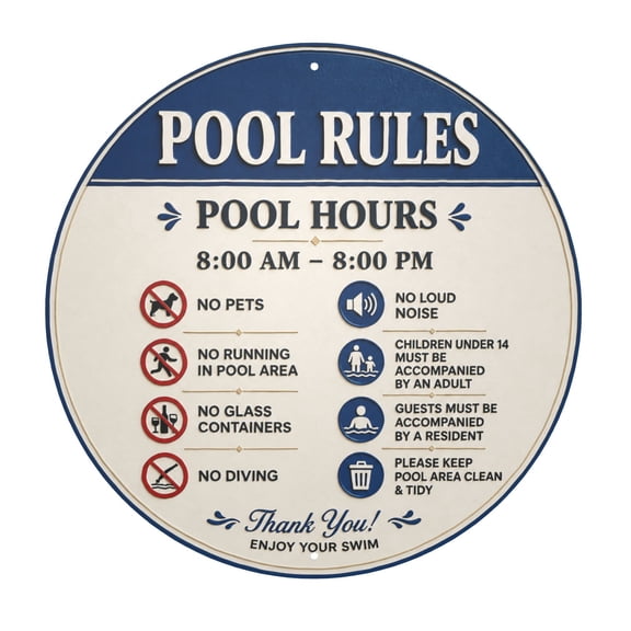 Iron Pool Rules Wall Decor Sign with Pre-Drilled Holes, 8x8 Inch, Weather Resistant Metal Indoor/Outdoor Use, Vintage Style for Home Decor, Easy Hanging, Rustic Pool Area Decoration