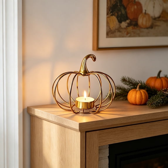 Iron Pumpkin Candle Holder, Spooky Decor Metal Jack-o-Lantern Candlestick Tabletop Ornament for Halloween Dining Table Mantel Centerpiece