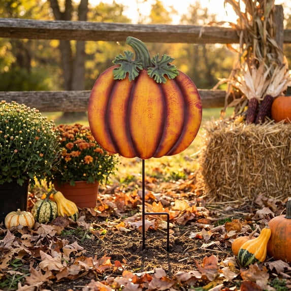 Iron Pumpkin Yard Decorations Fall Garden Stakes Autumn Outdoor Lawn Ornaments Thanksgiving Halloween Decorations Metal Pumpkin Lawn Art Patio Backyard Decor Ground Insert Stake,1pc