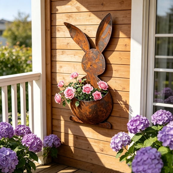 Iron Rabbit Wall Mounted Planter, Weather-Resistant Metal Animal Shaped Flower Pot for Succulents, Farmhouse Rustic Outdoor Decor for Garden Fence, Patio, and Porch