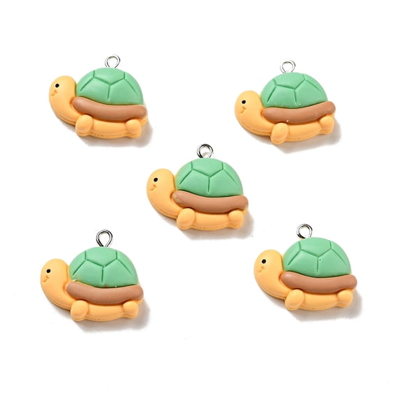 Iron+Resin 5 pc Opaque Resin Pendants Turtle Charm with Platinum Tone Iron Loops Light Green 22x24x8mm Hole: 2x2.1mm