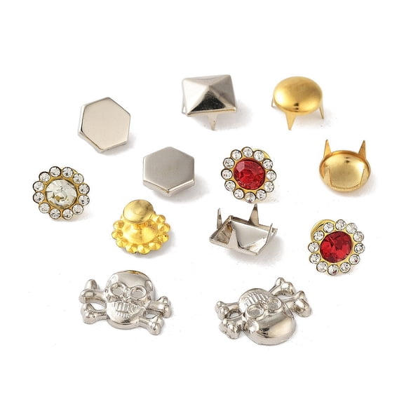 Iron Rhinestones Rivets with Iron Finding for Clothes bag Shoes Leather Craft Platinum & Golden 10~13x10~17x3~8mm