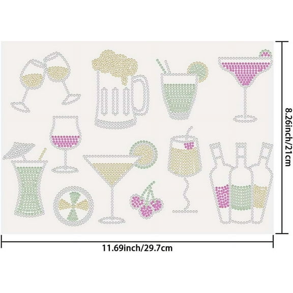 Iron on Rhinestones Transfer Drinks Cups Bling Decals Red T-Shirt Crystal Heat Transfer Hot Fix Stickers 11 Patterns Wine Glass Cocktail Patch Crystal Decor for Women Clothing Art Craft