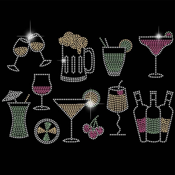 Iron on Rhinestones Transfer Drinks Cups Bling Decals Red T-Shirt Heat Transfer Hot Fix Stickers 11 Patterns Wine Glass Cocktail Patch Decor for Women Clothing DIY Art Craft
