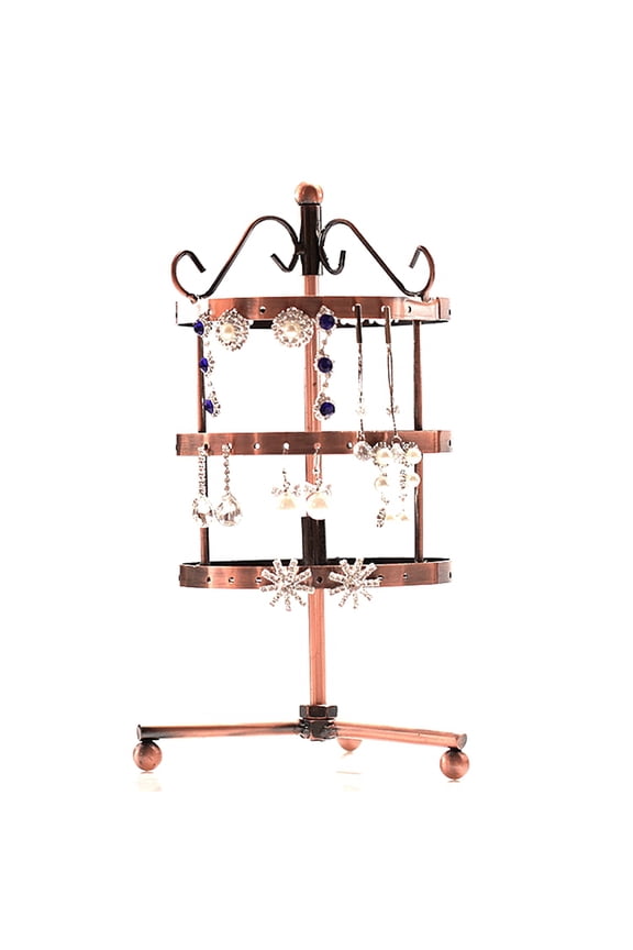 Iron Rotating 3-Tier Earring Display Stand for Hanging Dangle Earring 72 Holes Red Copper 110x110x250mm