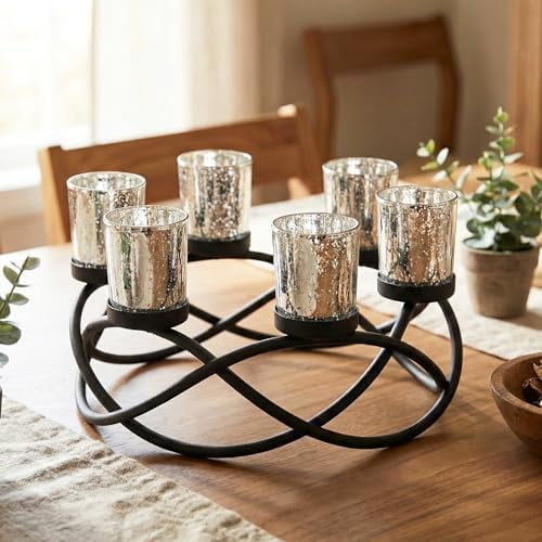 Iron Round Table Decor Christmas Centerpiece Decorations Candle Holder for Weddings, Outdoor Patio, Dining Room, and Coffee Tables, Glass Votive Tealight Holders, Black, 6 Silver Cups