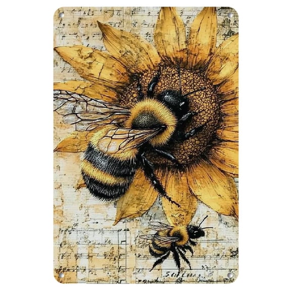 Iron Rustic Bee and Sunflower Metal Wall Art - Weathering Iron Tin for Interior and Outdoor Decorations_ Pre-Drilled_ 8x12 Inches_ Perfect for Room Decorations
