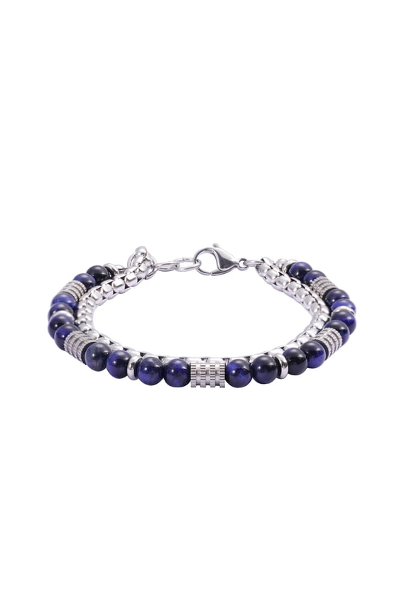 Men Lapis Lazuli Bead Box Chain Bracelets, Stainless Steel, Blue Stone Men Jewelry