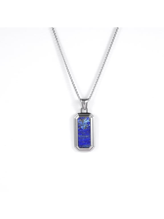 Men Lapis Lazuli Blue Bead Pendant Necklace, Stainless Steel, Natural Gems