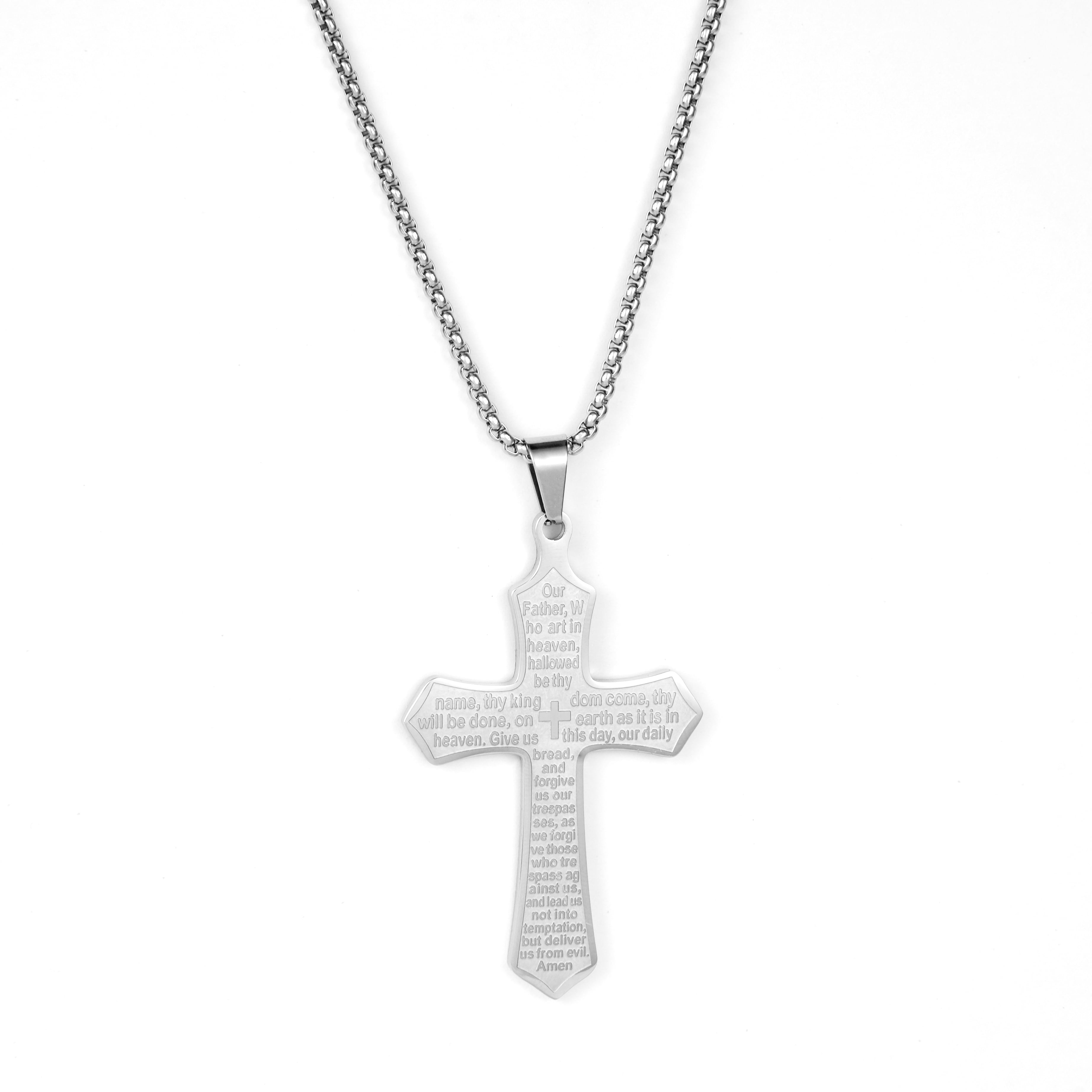 Iron Saints Men Lord's Prayer Cross Necklace, Stainless Steel, Christian Religious Men Gift
