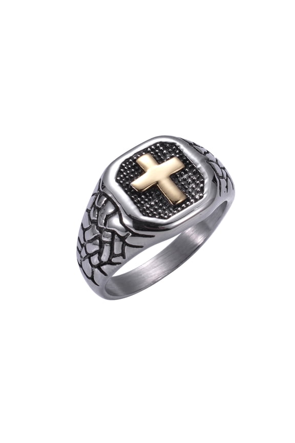 Men Two Tone Textured Cross Signet Ring, Stainless Steel, Religious Men Gift