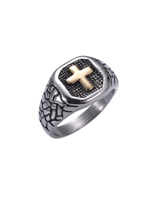 Men Two Tone Textured Cross Signet Ring, Stainless Steel, Religious Men Gift