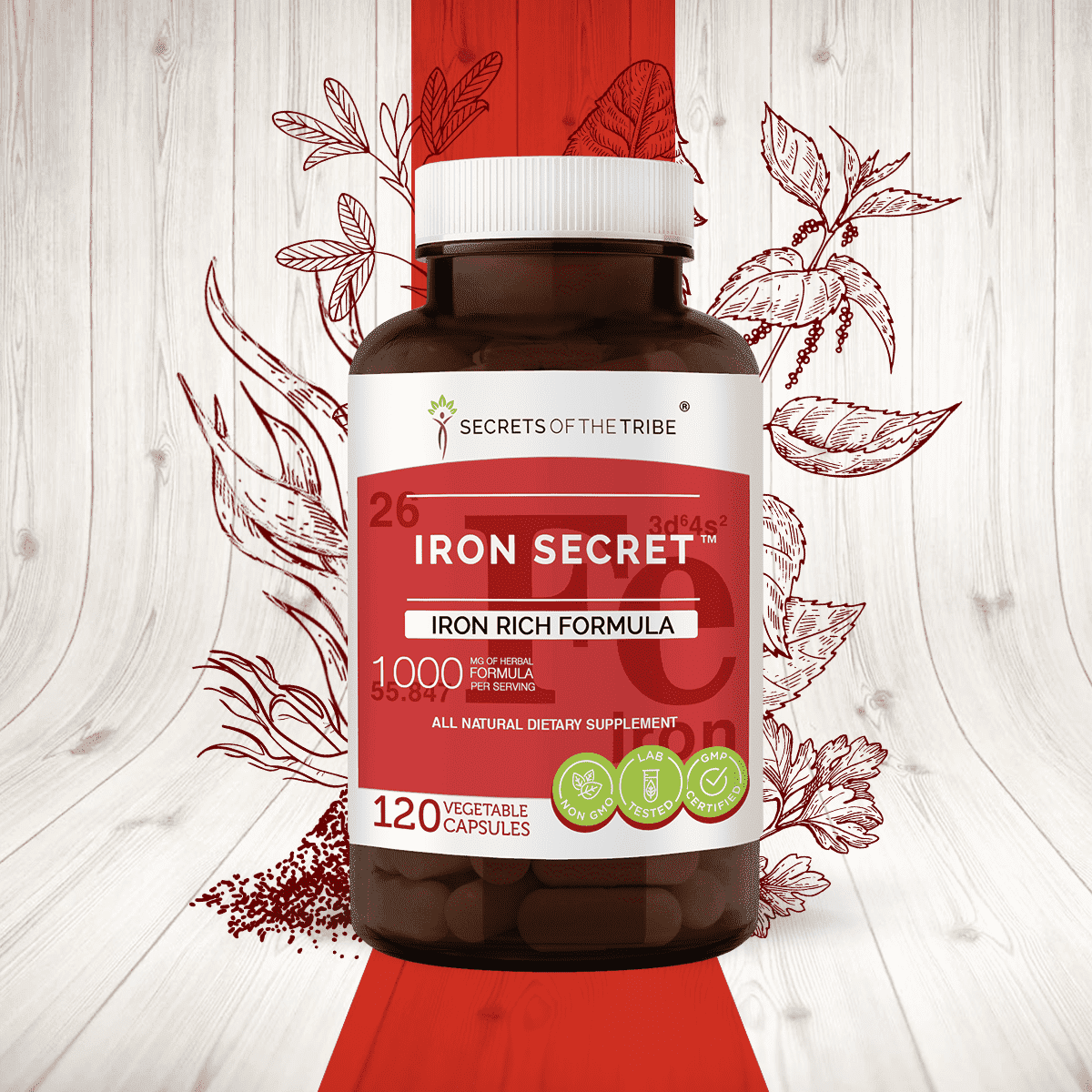 Secrets of the Tribe Iron Secret Capsules Dietary Supplement, Natural Herb Blend, Made from Stinging Nettle, Parsley, Yellow Dock, Dandelion, Alfalfa, Gentian, Watercress 120 Count