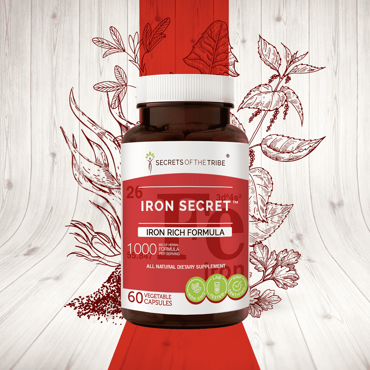 Secrets of the Tribe Iron Secret Capsules Dietary Supplement, Natural Herb Blend, Made from Stinging Nettle, Parsley, Yellow Dock, Dandelion, Alfalfa, Gentian, Watercress 60 Count