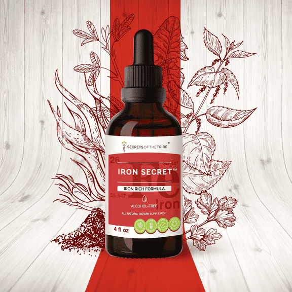 Secrets Of The Tribe Iron Secret Blend Tincture Dietary Supplement, Natural Extract, Made from Spirulina, Stinging Nettle, Parsley, Yellow Dock, Dandelion, Alfalfa, Gentian, Watercress 4 oz