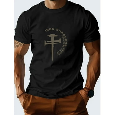 [Iron Sharpens Iron Print T-Shirt] Iron Sharpens Iron Print Crew Neck T-Shirt - Short Sleeve Top - Medium Stretch Summer Knit Fabric, Regular Fit for Going Out - H Size