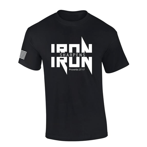 Iron Sharpens Iron Proverbs 27:17 Heavy Metal Logo Bible Scripture Mens Christian Tshirt Jesus Cross Short Sleeve T-shirt Graphic Tee-Black-xl