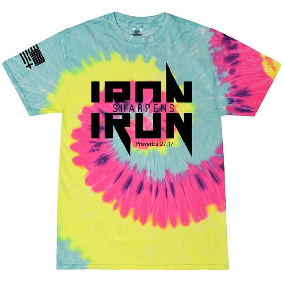 Iron Sharpens Iron Proverbs 27:17 Heavy Metal Logo Bible Scripture Mens Christian Tshirt Jesus Cross Short Sleeve T-shirt Graphic Tee-Blast Tie Dye-xxl