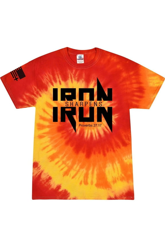 Iron Sharpens Iron Proverbs 27:17 Heavy Metal Logo Bible Scripture Mens Christian Tshirt Jesus Cross Short Sleeve T-shirt Graphic Tee-Blaze Tie Dye-xl
