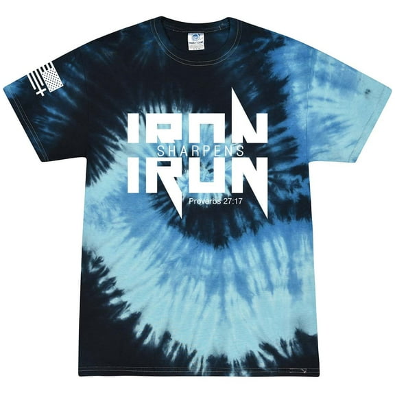 Iron Sharpens Iron Proverbs 27:17 Heavy Metal Logo Bible Scripture Mens Christian Tshirt Jesus Cross Short Sleeve T-shirt Graphic Tee-Blue Ocean Tie Dye-small