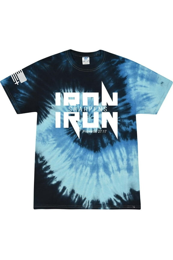 Iron Sharpens Iron Proverbs 27:17 Heavy Metal Logo Bible Scripture Mens Christian Tshirt Jesus Cross Short Sleeve T-shirt Graphic Tee-Blue Ocean Tie Dye-xl