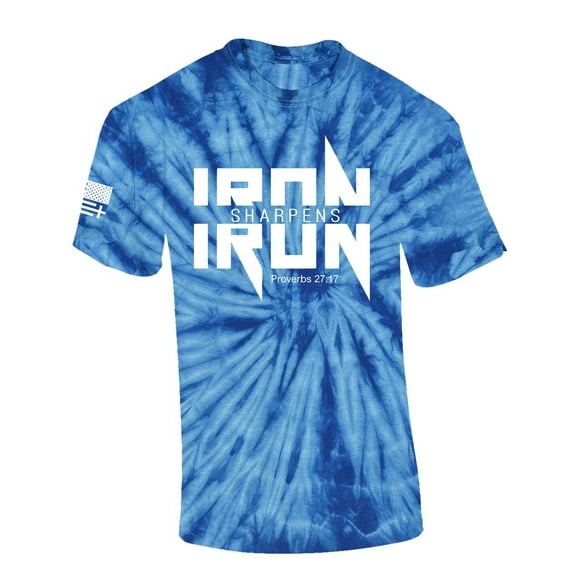 Iron Sharpens Iron Proverbs 27:17 Heavy Metal Logo Bible Scripture Mens Christian Tshirt Jesus Cross Short Sleeve T-shirt Graphic Tee-Blue Tie Dye-medium