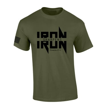 Iron Sharpens Iron Proverbs 27:17 Heavy Metal Logo Bible Scripture Mens Christian Tshirt Jesus Cross Short Sleeve T-shirt Graphic Tee-Military Green-small