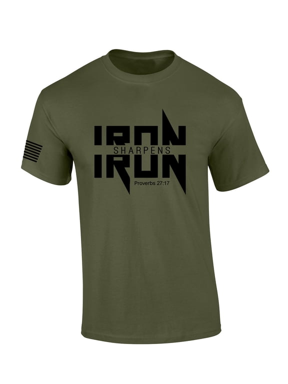 Iron Sharpens Iron Proverbs 27:17 Heavy Metal Logo Bible Scripture Mens Christian Tshirt Jesus Cross Short Sleeve T-shirt Graphic Tee-Military Green-5xl
