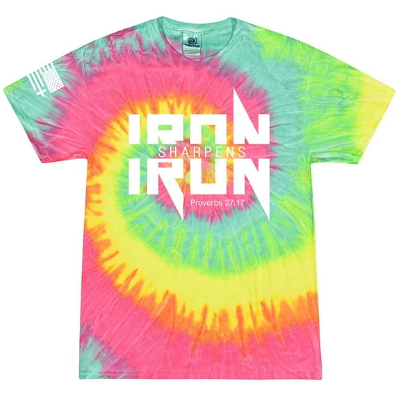 Iron Sharpens Iron Proverbs 27:17 Heavy Metal Logo Bible Scripture Mens Christian Tshirt Jesus Cross Short Sleeve T-shirt Graphic Tee-Minty Rainbow Tie Dye-xl
