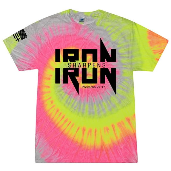 Iron Sharpens Iron Proverbs 27:17 Heavy Metal Logo Bible Scripture Mens Christian Tshirt Jesus Cross Short Sleeve T-shirt Graphic Tee-Silver Rainbow Tie Dye-xxl