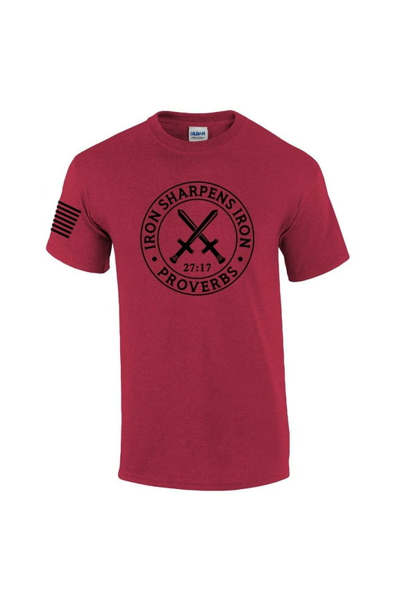 Iron Sharpens Iron Proverbs 27:17 Mens Christian American Flag Sleeve T-shirt Graphic Tee Graphic Tee-Antique Cherry-xl