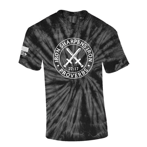 Iron Sharpens Iron Proverbs 27:17 Mens Christian American Flag Sleeve T-shirt Graphic Tee Graphic Tee-Black Tie Dye-large