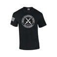 thumbnail image 1 of Iron Sharpens Iron Proverbs 27:17 Mens Christian American Flag Sleeve T-shirt Graphic Tee Graphic Tee-Black-large, 1 of 4
