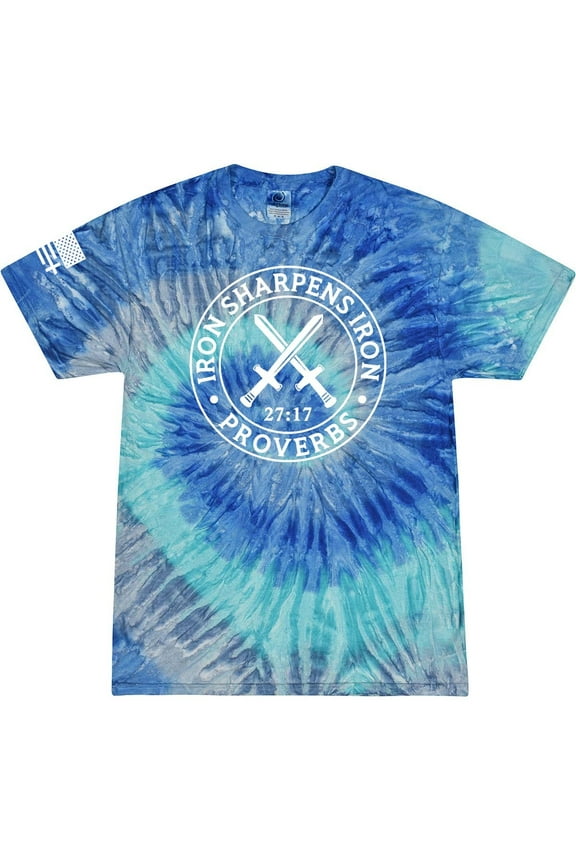 Iron Sharpens Iron Proverbs 27:17 Mens Christian American Flag Sleeve T-shirt Graphic Tee Graphic Tee-Blue Jerry Tie Dye-small