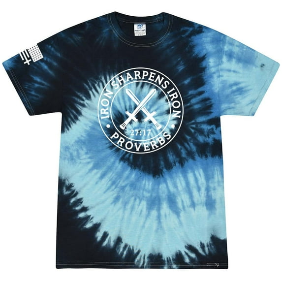 Iron Sharpens Iron Proverbs 27:17 Mens Christian American Flag Sleeve T-shirt Graphic Tee Graphic Tee-Blue Ocean Tie Dye-medium