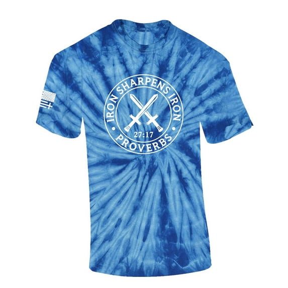Iron Sharpens Iron Proverbs 27:17 Mens Christian American Flag Sleeve T-shirt Graphic Tee Graphic Tee-Blue Tie Dye-xl