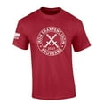 thumbnail image 1 of Iron Sharpens Iron Proverbs 27:17 Mens Christian American Flag Sleeve T-shirt Graphic Tee Graphic Tee-Cardinal-xxl, 1 of 1