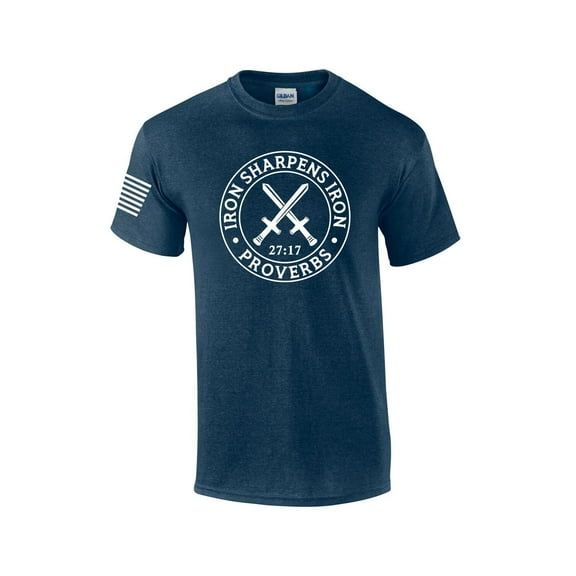 Iron Sharpens Iron Proverbs 27:17 Mens Christian American Flag Sleeve T-shirt Graphic Tee Graphic Tee-Heather Navy-xl