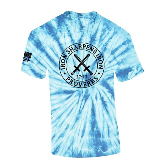 Iron Sharpens Iron Proverbs 27:17 Mens Christian American Flag Sleeve T-shirt Graphic Tee Graphic Tee-Light Blue Tie Dye-large