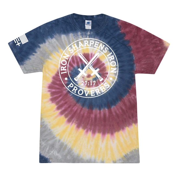 Iron Sharpens Iron Proverbs 27:17 Mens Christian American Flag Sleeve T-shirt Graphic Tee Graphic Tee-Lotus Tie Dye-large