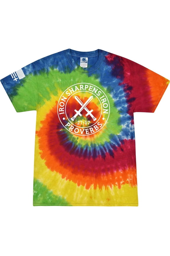 Iron Sharpens Iron Proverbs 27:17 Mens Christian American Flag Sleeve T-shirt Graphic Tee Graphic Tee-Moondance Tie Dye-medium