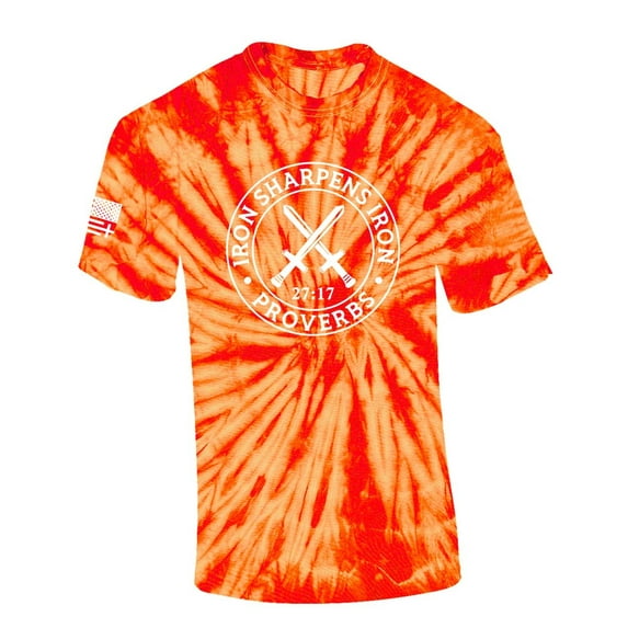 Iron Sharpens Iron Proverbs 27:17 Mens Christian American Flag Sleeve T-shirt Graphic Tee Graphic Tee-Orange Tie Dye-small