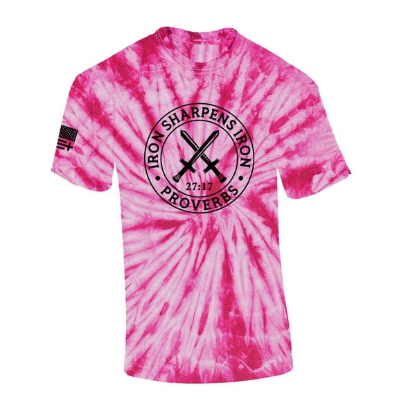Iron Sharpens Iron Proverbs 27:17 Mens Christian American Flag Sleeve T-shirt Graphic Tee Graphic Tee-Pink Tie Dye-large
