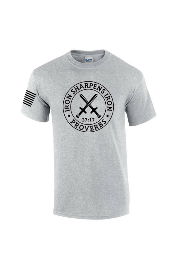 Iron Sharpens Iron Proverbs 27:17 Mens Christian American Flag Sleeve T-shirt Graphic Tee Graphic Tee-Sports Grey-xl