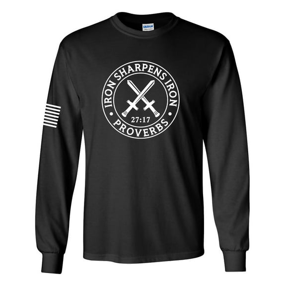 Iron Sharpens Iron Proverbs 27:17 Mens Christian American Flag Sleeve T-shirt Long Sleeve Graphic Tee-Black-xxxl
