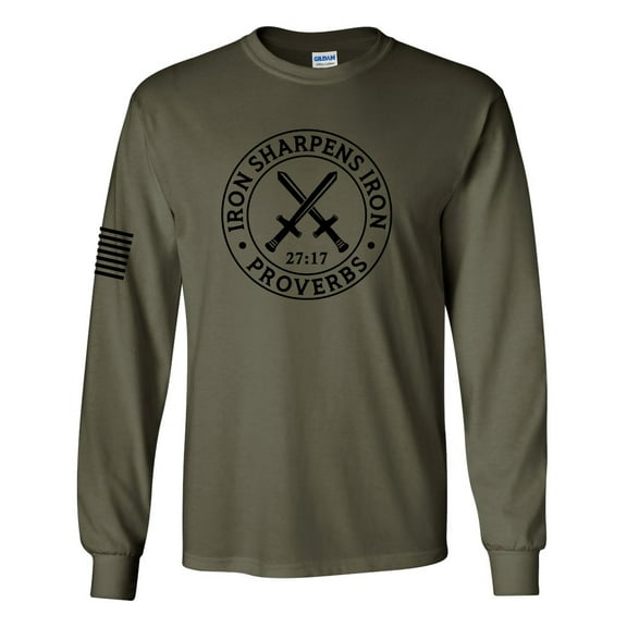 Iron Sharpens Iron Proverbs 27:17 Mens Christian American Flag Sleeve T-shirt Long Sleeve Graphic Tee-Military-small