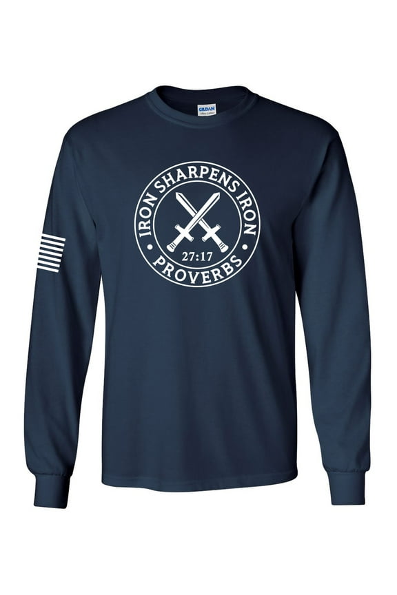 Iron Sharpens Iron Proverbs 27:17 Mens Christian American Flag Sleeve T-shirt Long Sleeve Graphic Tee-Navy-large
