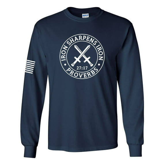 Iron Sharpens Iron Proverbs 27:17 Mens Christian American Flag Sleeve T-shirt Long Sleeve Graphic Tee-Navy-medium